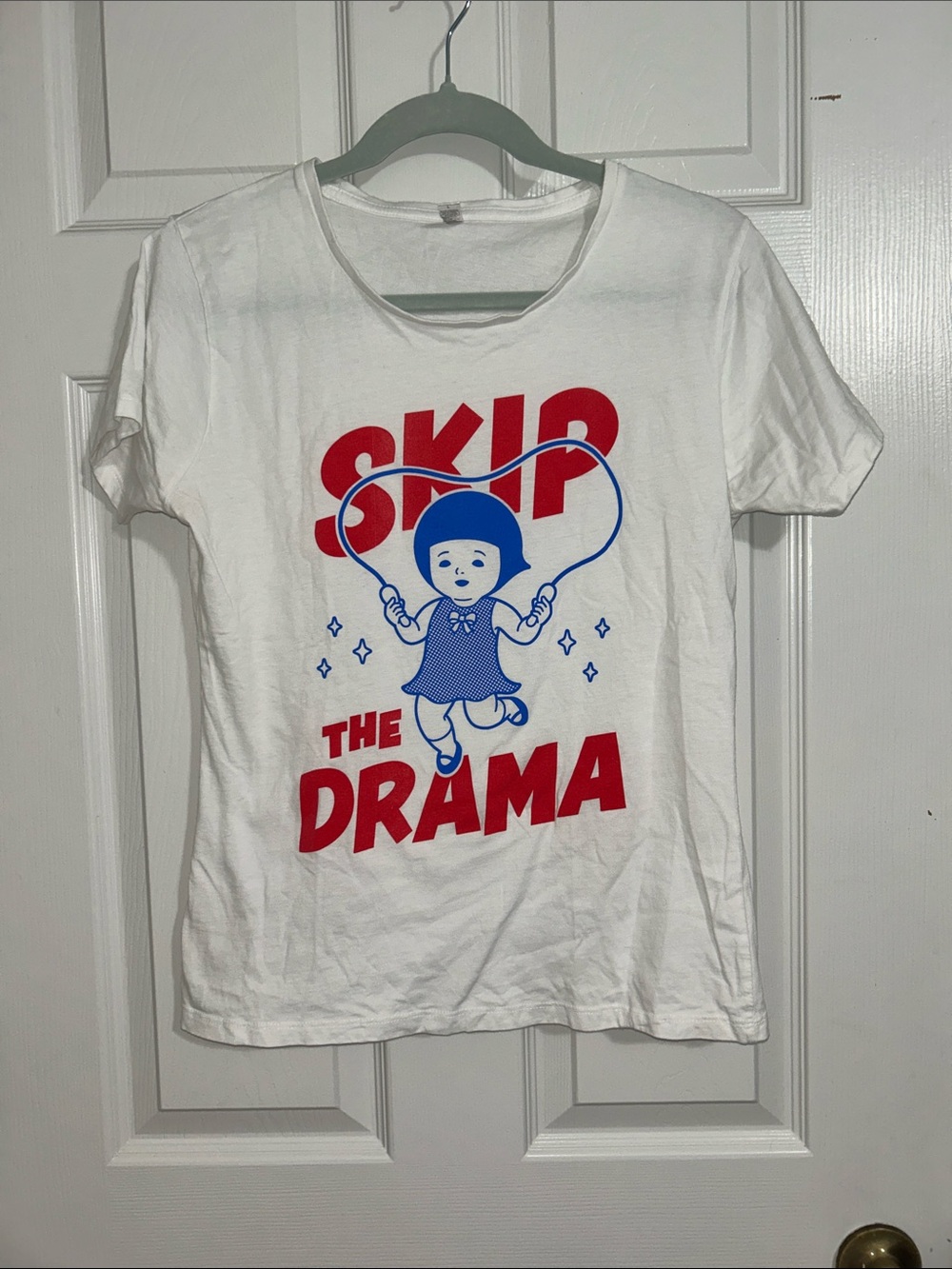 White Graphic Tee with Red & Blue 'Skip The Drama' Print size L